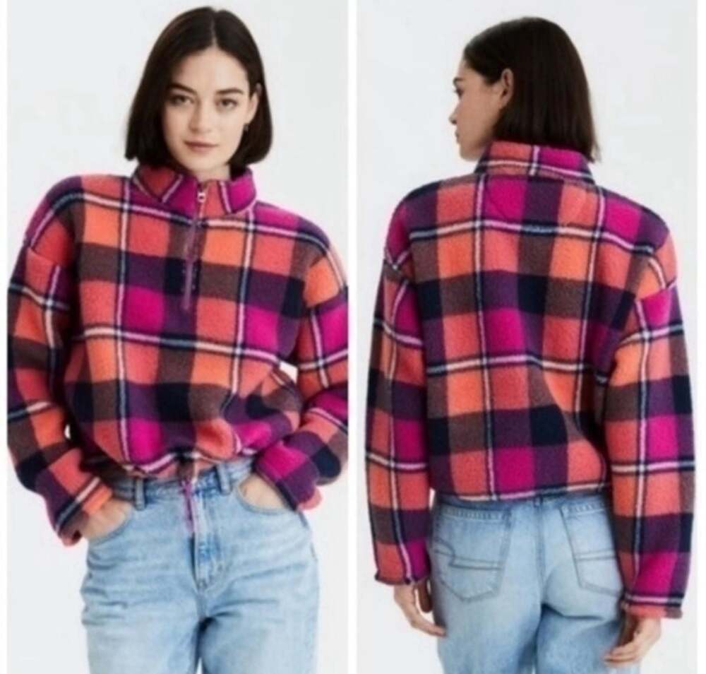 American Eagle Plaid Sherpa Quarter-Zip Pullover XS